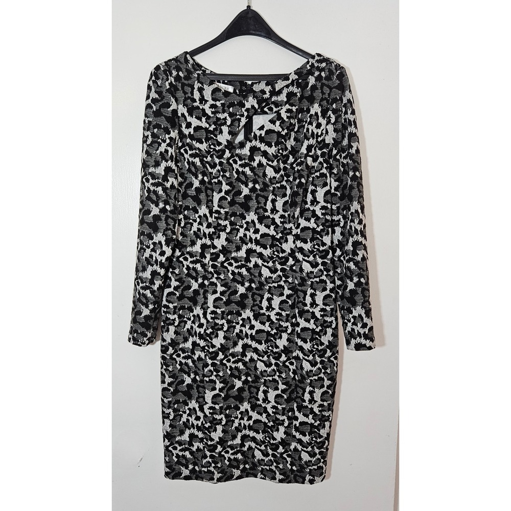 Kay Unger Sheath Dress Women 12 Grey Animal Print Knit Excellent Long Sleeve
